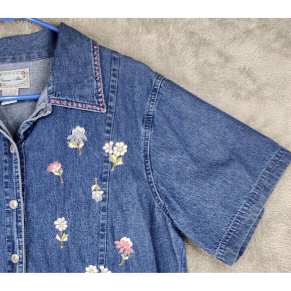 Carrie Allen Shirt Womens Large Blue Denim Floral Embroidered Casual Button Up - Picture 8 of 10